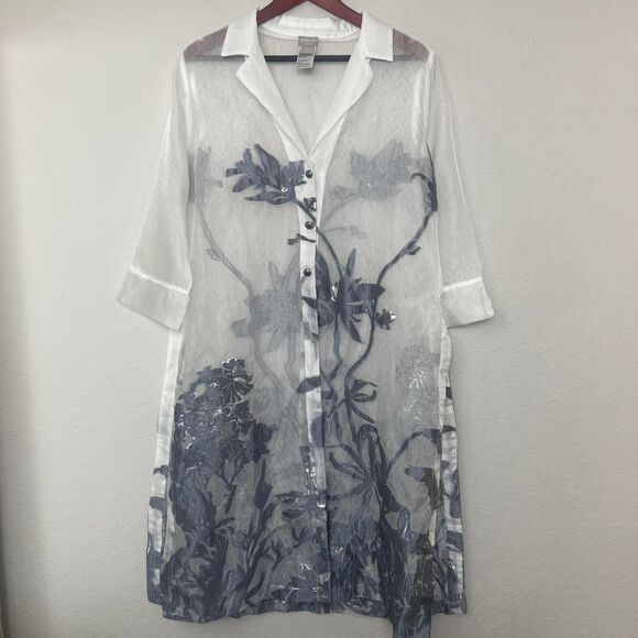 Chico's Travelers Dove Gray White Sheer Floral Metallic Midi Jacket Cover Up 2 - Picture 3 of 8
